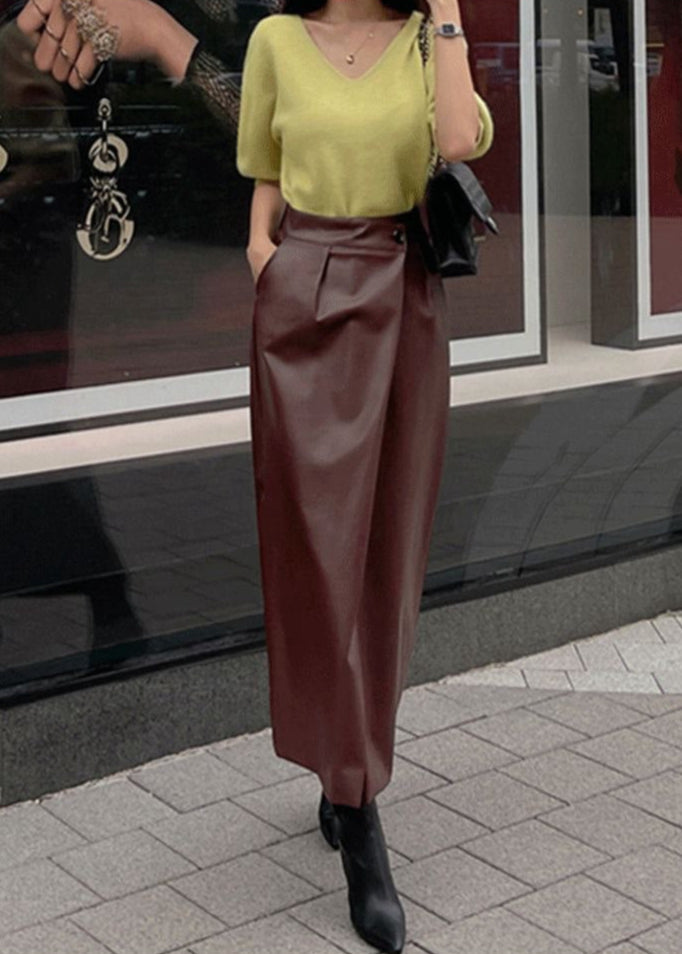 Brown Faux Leather Wrap Midi Skirt – High Waist Front Slit