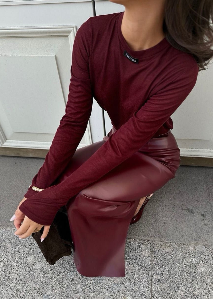 Wine Red Faux Leather Midi Skirt – High Waist Straight Cut