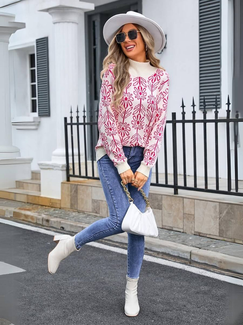 Fall in Flower Mockneck Sweater - Pink