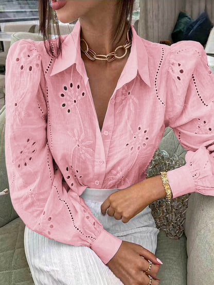 Miley Perforated Long Sleeve Blouse - Pink