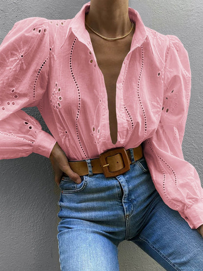 Miley Perforated Long Sleeve Blouse - Pink