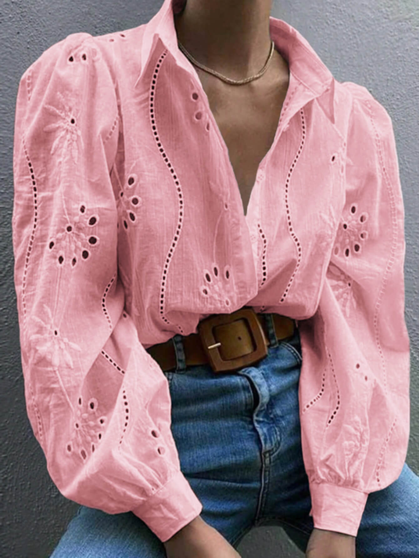 Miley Perforated Long Sleeve Blouse - Pink