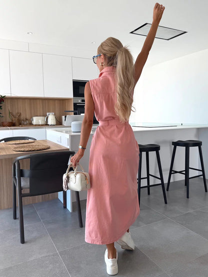 Sierra Serenade Denim Maxi Dress - Pink