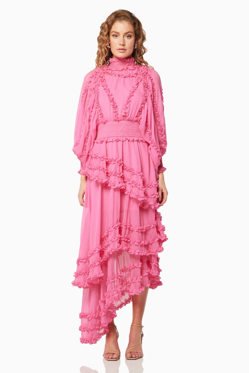 Lantern Sleeve Stand Collar Midi Dress