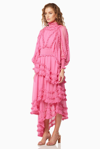 Lantern Sleeve Stand Collar Midi Dress