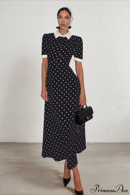 Polka Dot a Line Color Block Ruched Waist Maxi Dress
