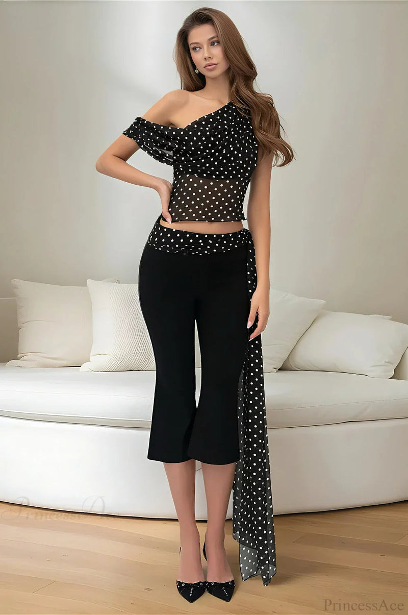 Polka Dot Off Shoulder Crop Top Two Pieces Set