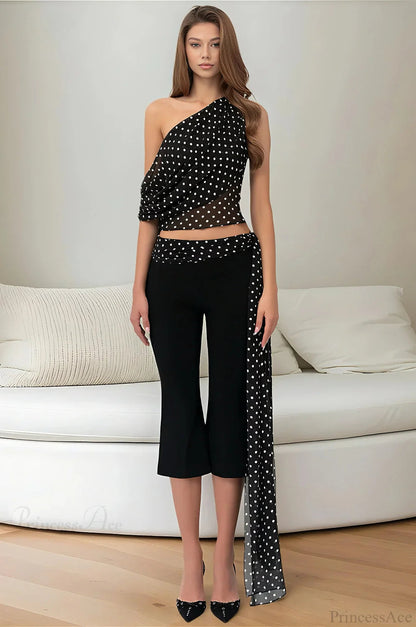 Polka Dot Off Shoulder Crop Top Two Pieces Set