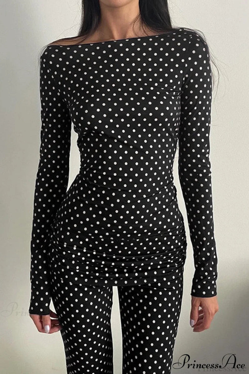 Polka Dot Off-shoulder Long Sleeve Flare Two Piece Set