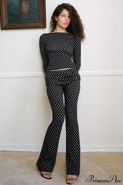 Polka Dot Off-shoulder Long Sleeve Flare Two Piece Set