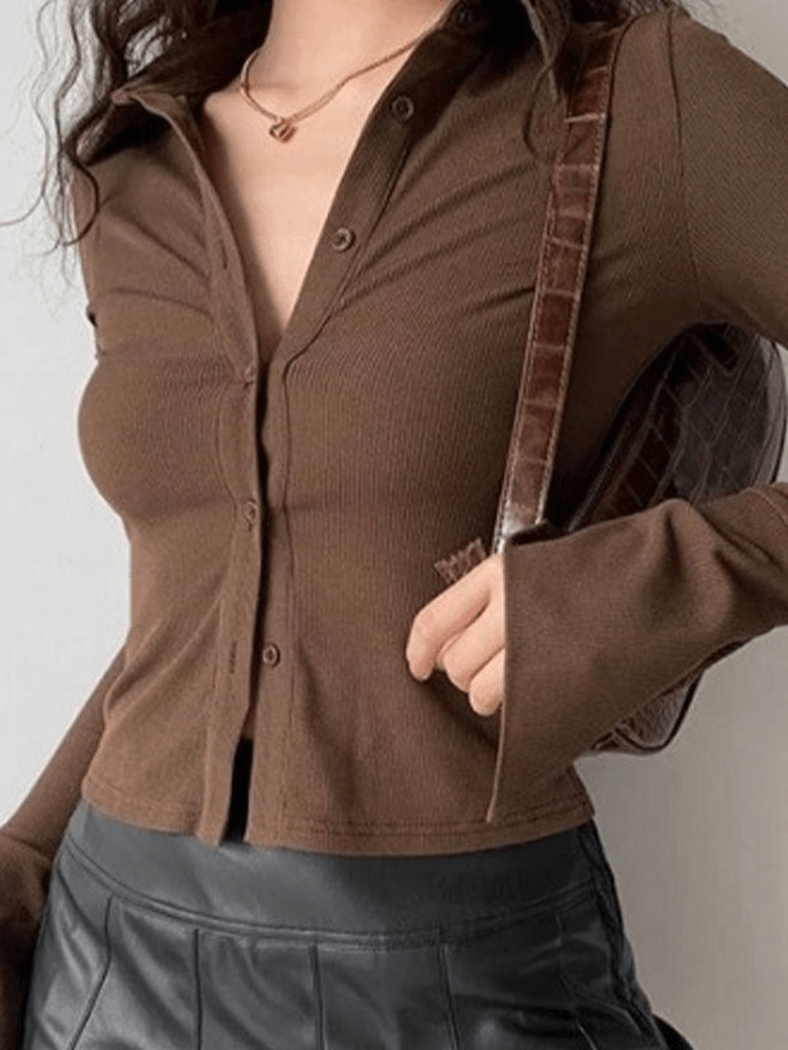 Color Polo Neck Long Sleeve Rib Blouse