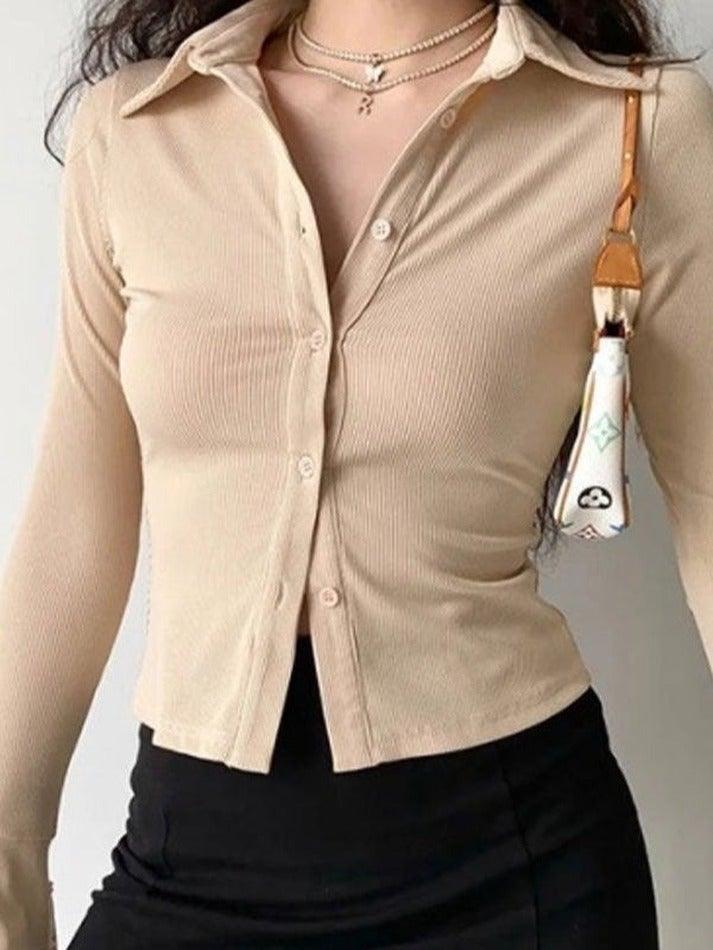 Color Polo Neck Long Sleeve Rib Blouse