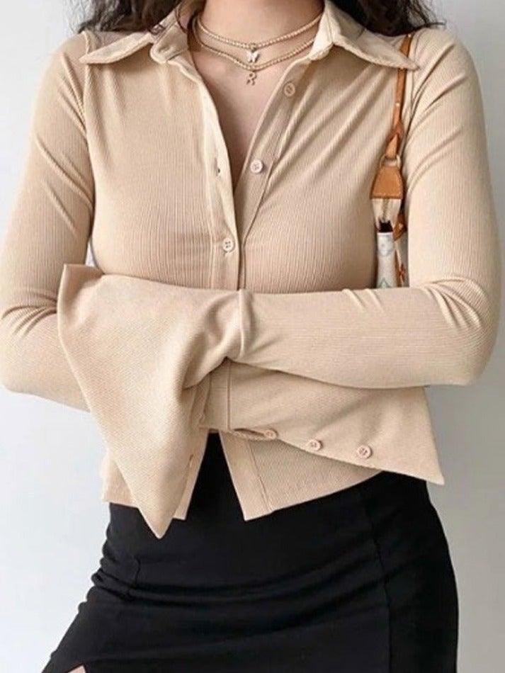 Color Polo Neck Long Sleeve Rib Blouse