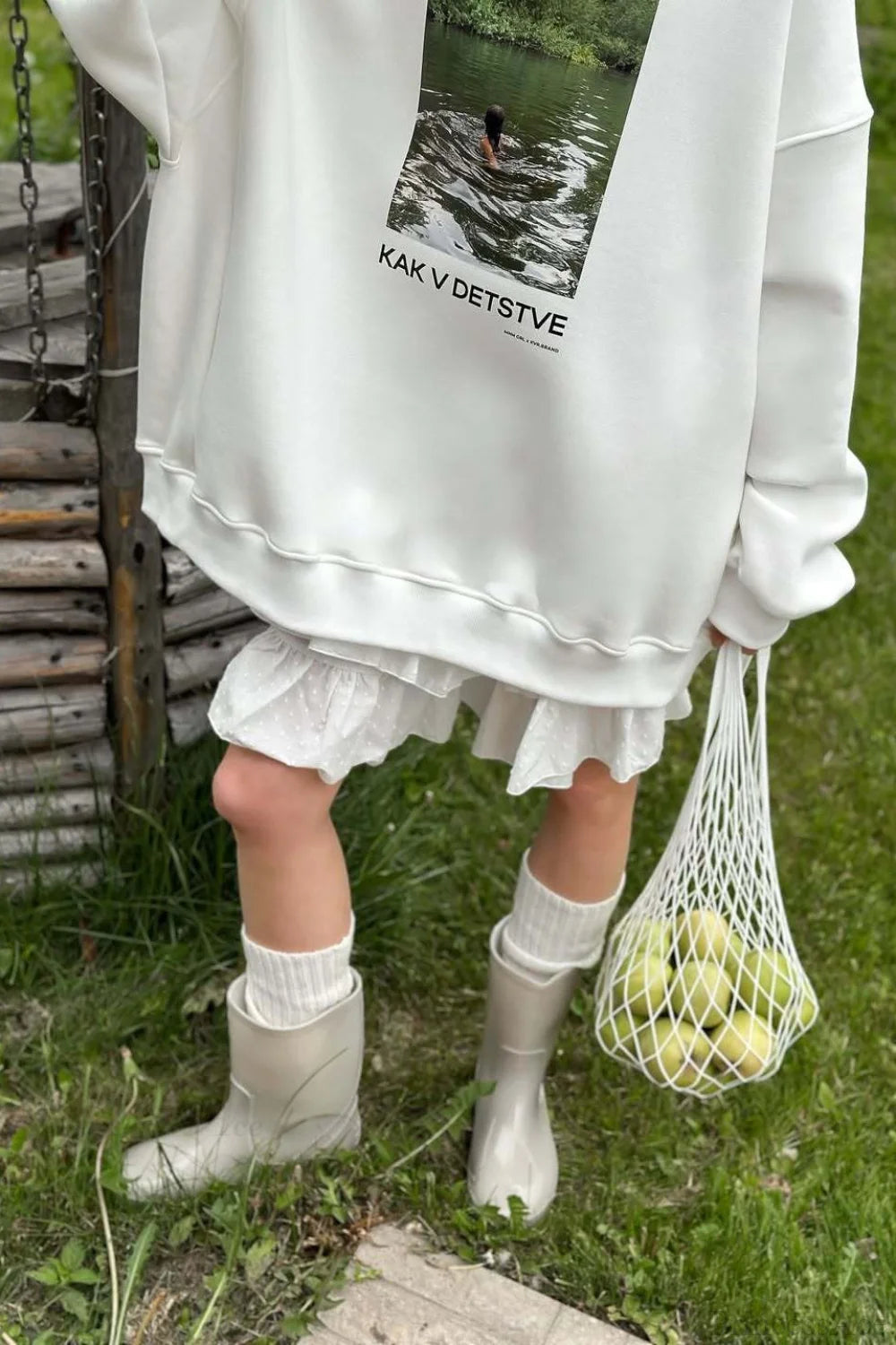 Printed White Loose Crew Neck Pullover Sweatshirt