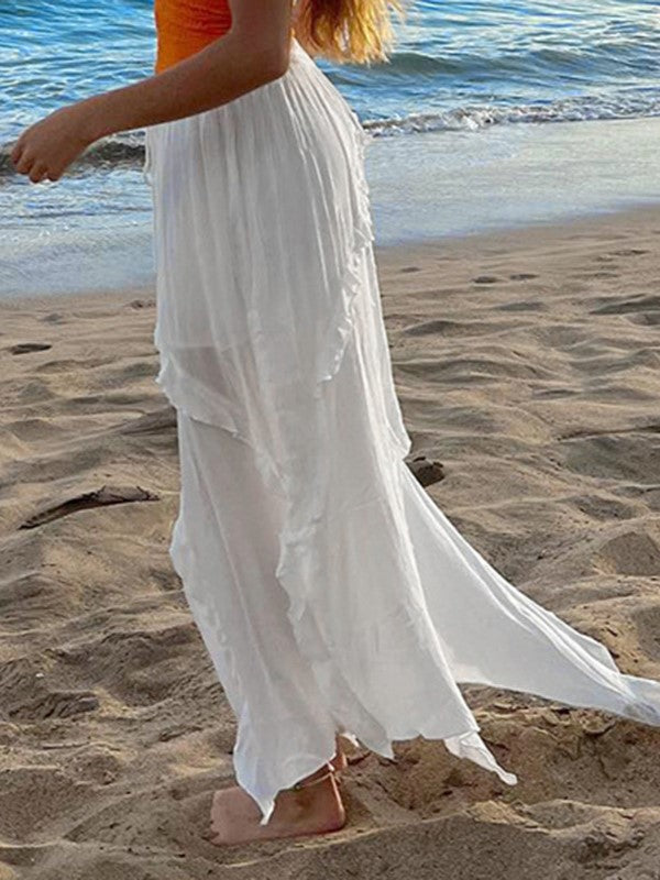 Split Lace Up Ruffle Patchwork Maxi Skirt