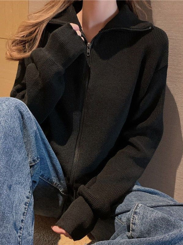 Color Lapel Zip Long Sleeve Sweater