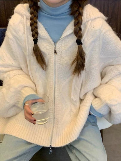 Classic Oversized White Cardigan With Hood and Zip