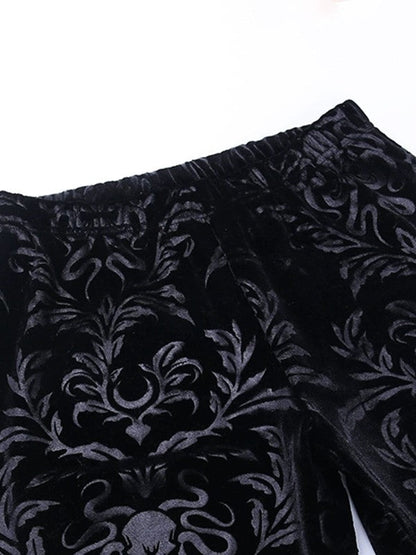 Black Embossed Velour Flare Pants