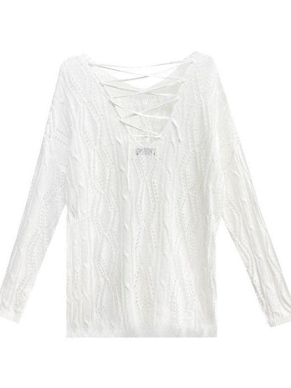 Knit Hollow Out Backless Long Sleeve Blouse
