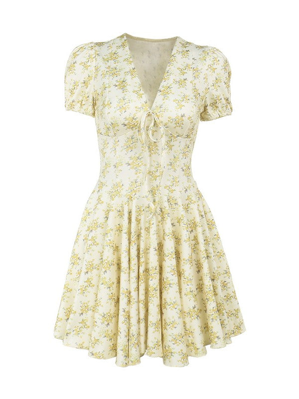 Yellow French Deep V Bubble Short Sleeve Mini Dress