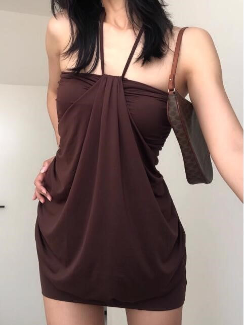Brown Halter Off Shoulder Mini Dress