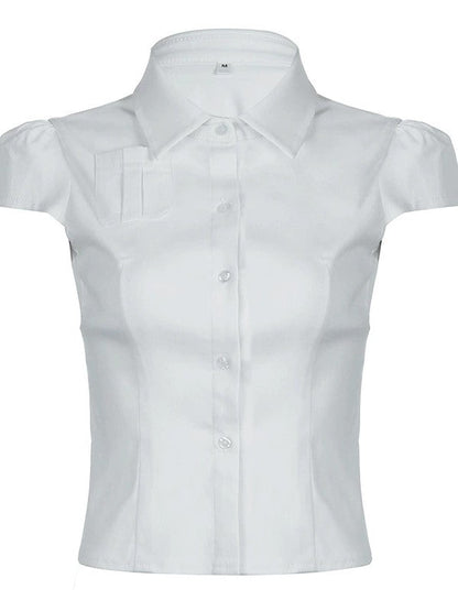White Button Front Pocket Blouse