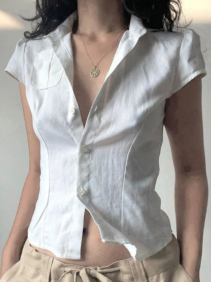 White Button Front Pocket Blouse