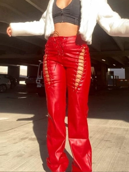 Cutout Detail Pu Leather Pants