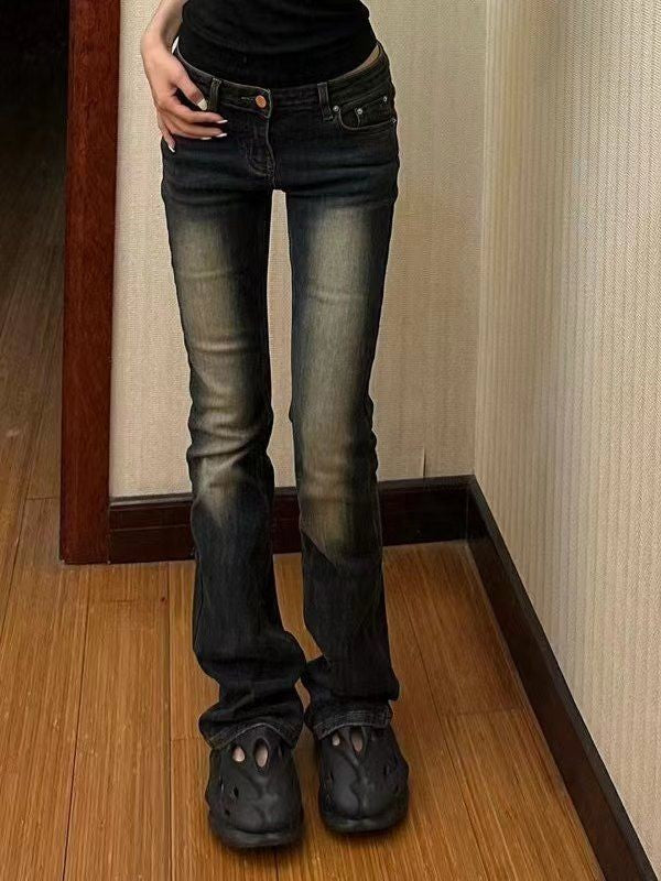 Dark Washed Effect Low Rise Flared Pants