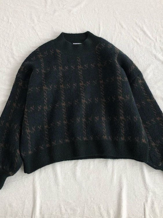 Green Knit Sweater With Plaid Pattern