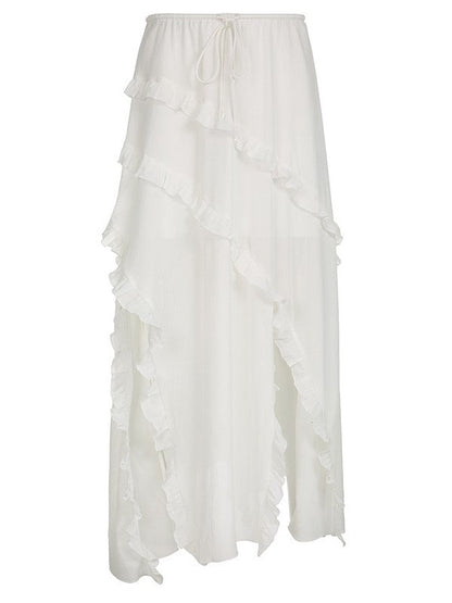 Split Lace Up Ruffle Patchwork Maxi Skirt