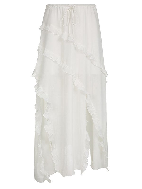 Split Lace Up Ruffle Patchwork Maxi Skirt