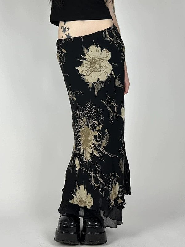 Print Low Waist Maxi Skirt