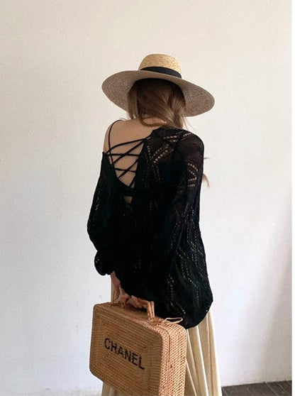 Knit Hollow Out Backless Long Sleeve Blouse