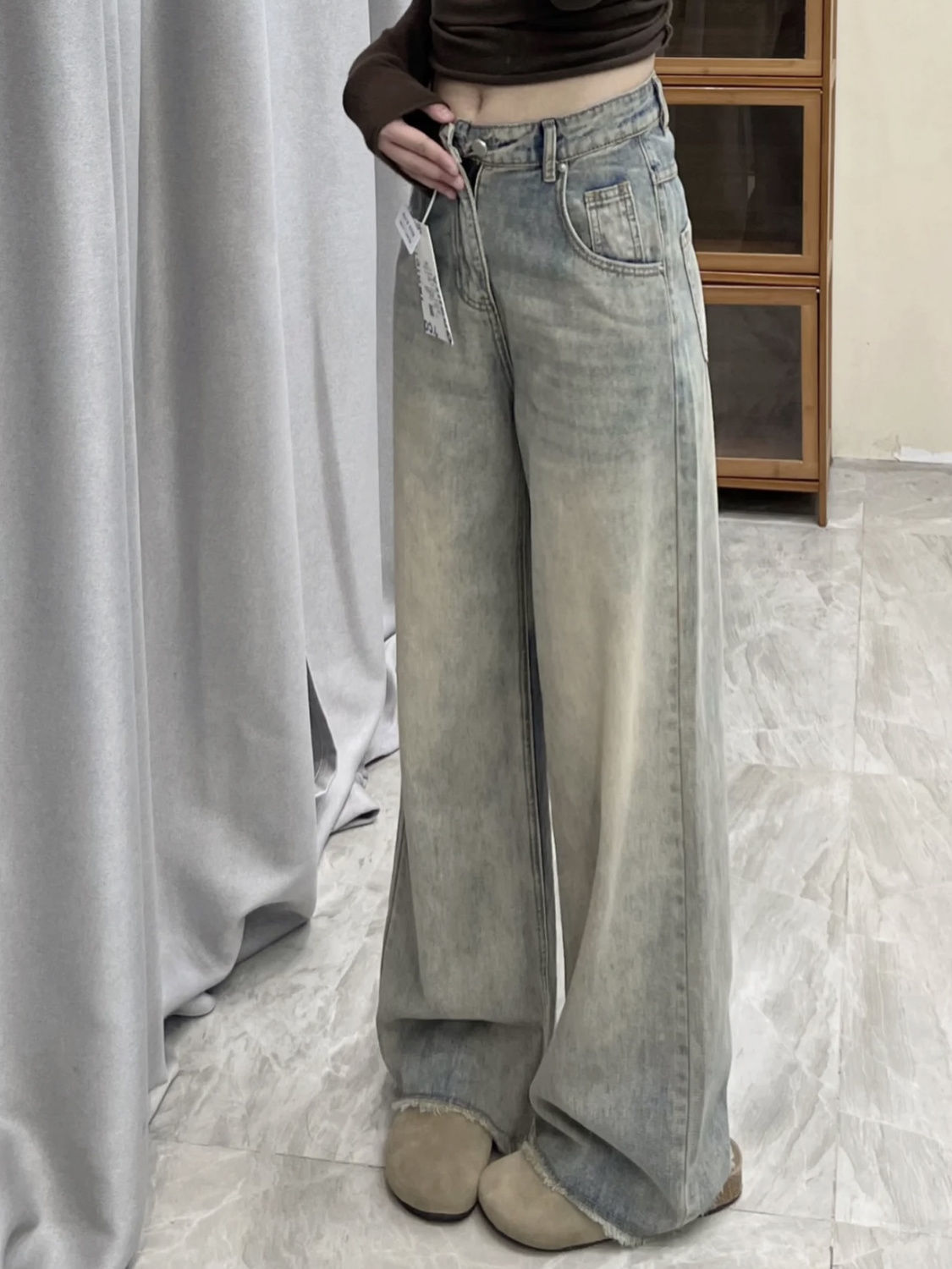 Light Faded Effect Raw Edge Boyfriend Pants