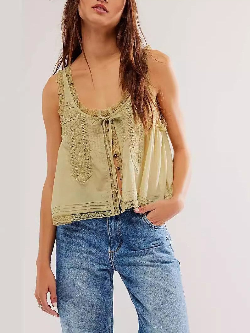 Color Hollow Out Ruffle Cardigan Tank Top