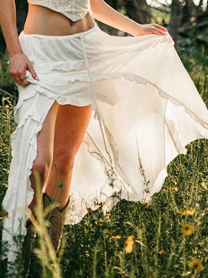 Split Lace Up Ruffle Patchwork Maxi Skirt