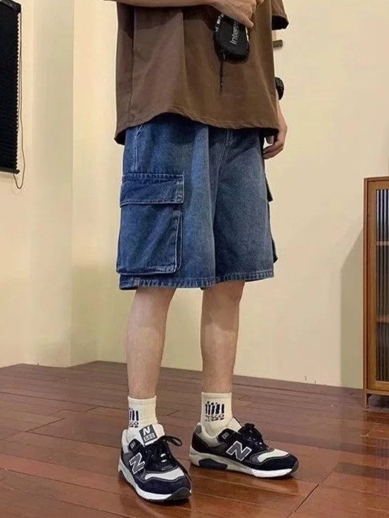 Loose Washed Cargo Denim Shorts for