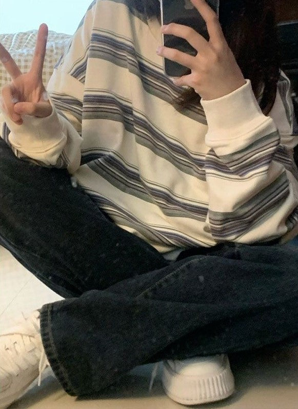 White Oversized Stripe Long Sleeve Sweatshirt