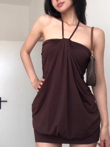 Brown Halter Off Shoulder Mini Dress