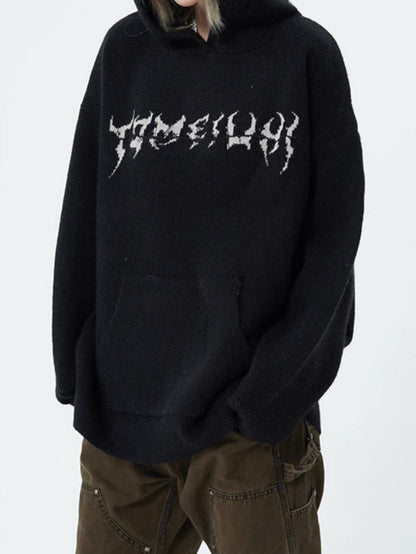 Black Punk Hooded Sweater With Skull Jacquard Pattern