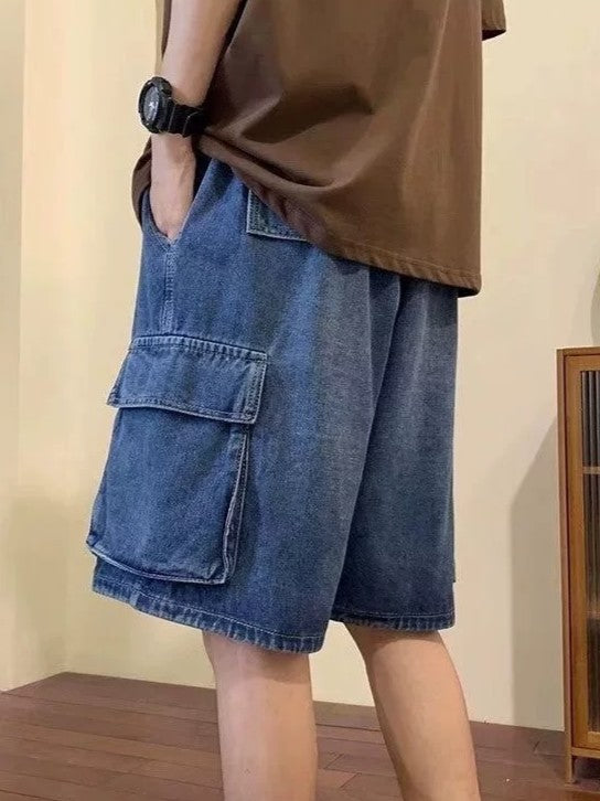 Loose Washed Cargo Denim Shorts for
