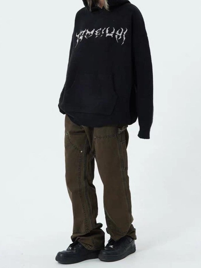Black Punk Hooded Sweater With Skull Jacquard Pattern