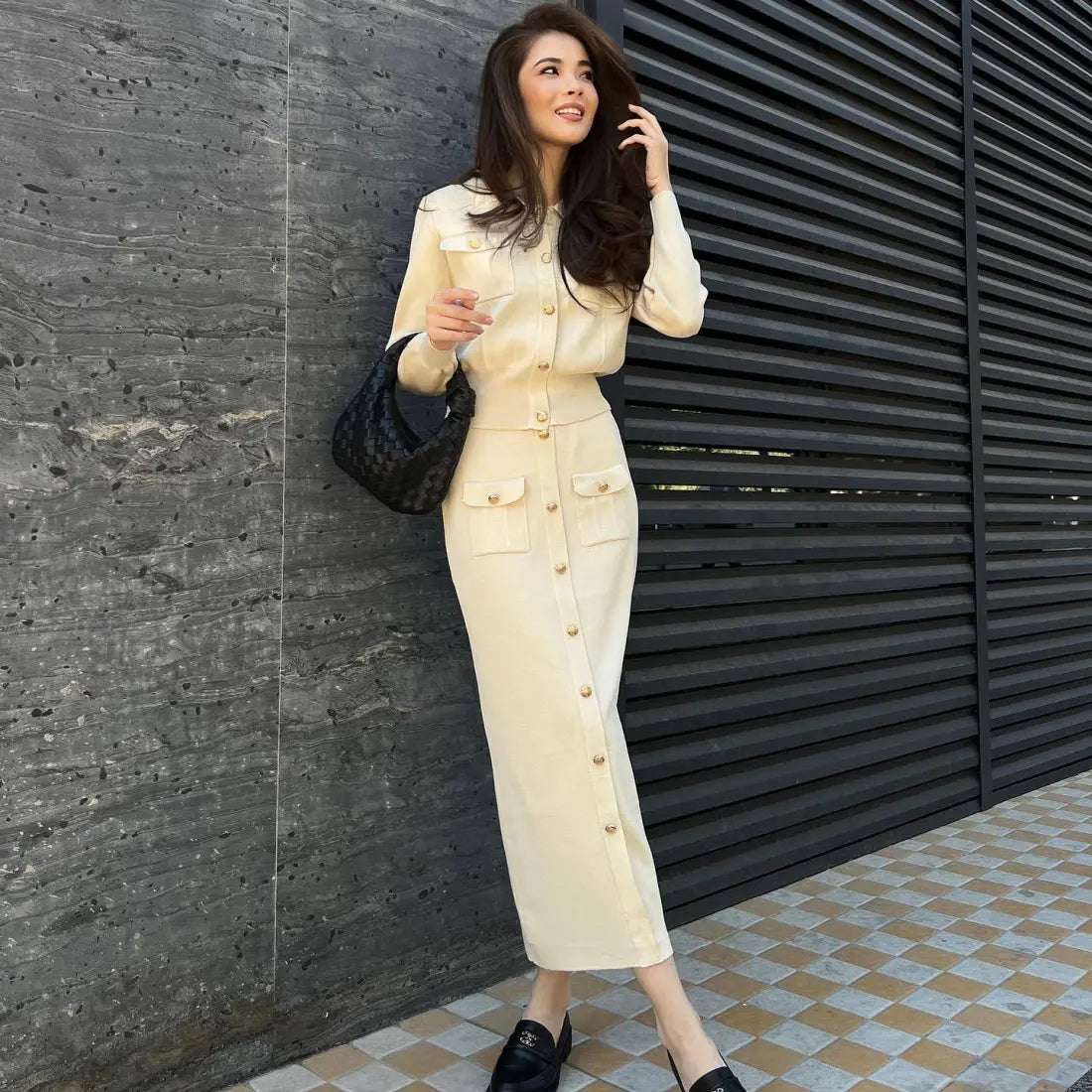 Knitted Slim-fit Two Piece Set - Apricot