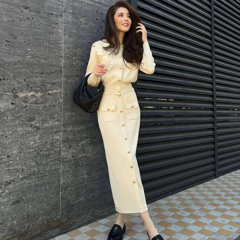Knitted Slim-fit Two Piece Set - Apricot