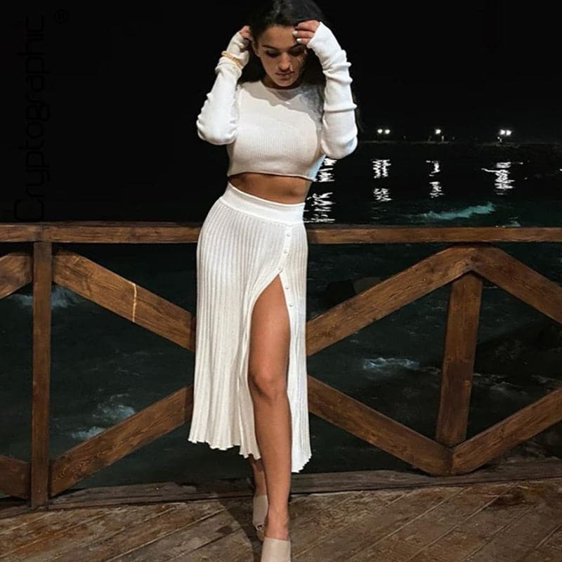 Dressbetty - Sweater Cropped Top Midi Skirt Two Piece Set Matching Set Outfits Button Up Split Skirts Winter