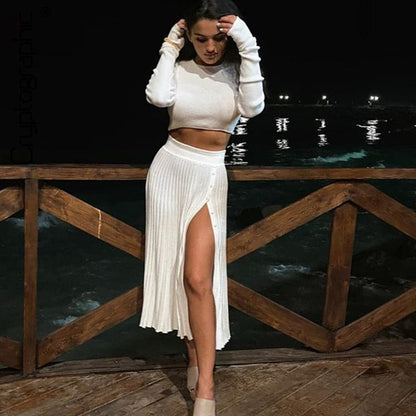 Dressbetty - Sweater Cropped Top Midi Skirt Two Piece Set Matching Set Outfits Button Up Split Skirts Winter