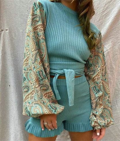 Lantern Sleeve Print Top+elastic High Waist Shorts