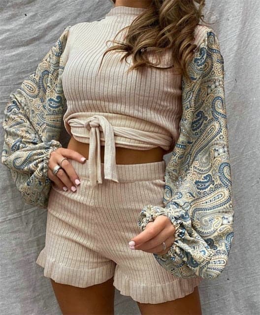 Lantern Sleeve Print Top+elastic High Waist Shorts
