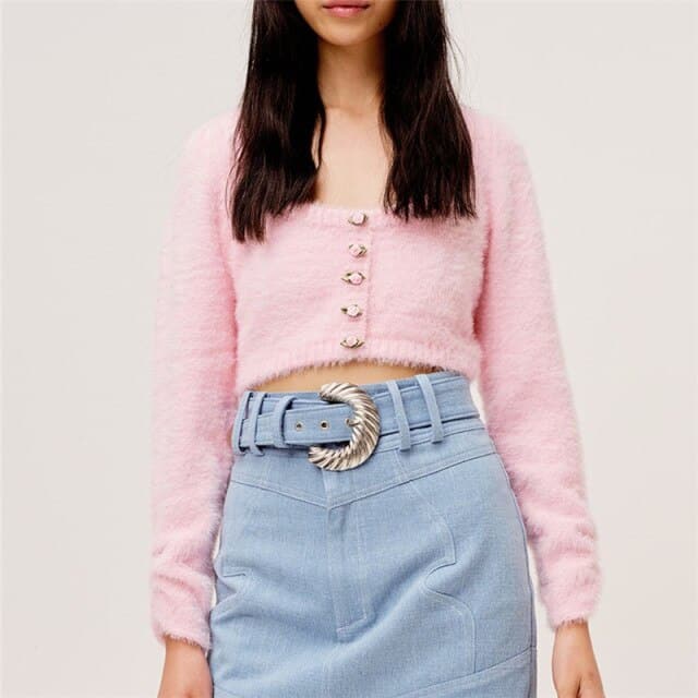 Dressbetty - Sweet Pink Fluffy Low Crew Neck Knitted Short Sweater